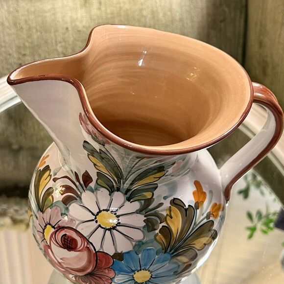 Castelli Italy Hand Painted Ceramic Pitcher Spring Flowers 7.5” x 6” | Vintage - Picture 5 of 7